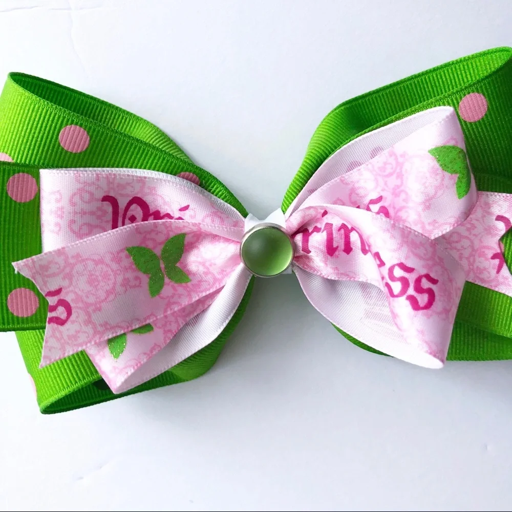 Girls Large Princess Green Pink Polka Dot Hair Bow